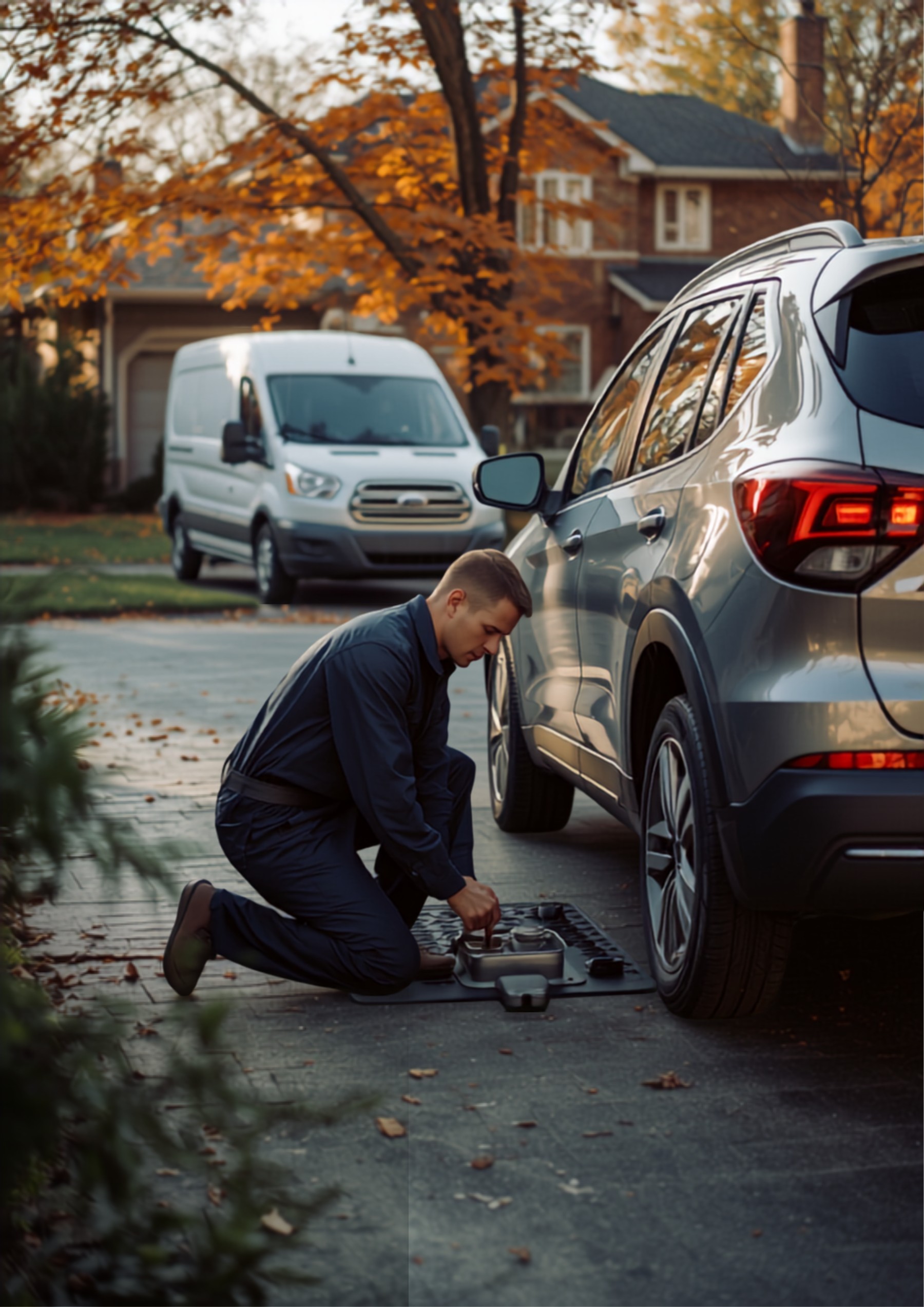 A technician performing an oil change on a silver SUV in a suburban driveway with a service van parked behind.