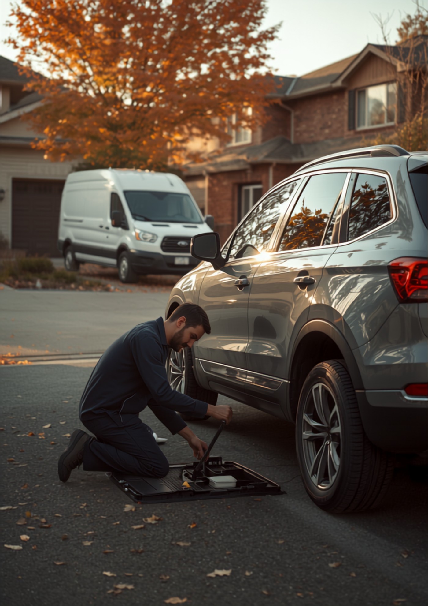 A mobile oil change service van parked at the kerb while a technician works on a vehicle in the driveway.